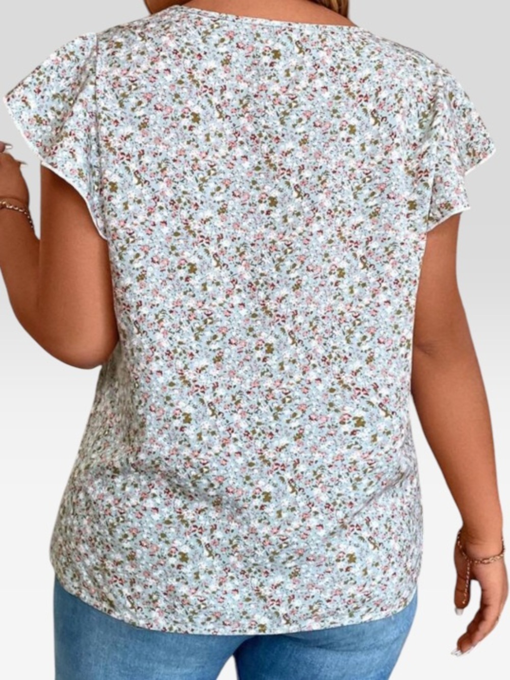 Sage Green Floral Ruffle Sleeve Cottage Casual Boho Round Neck Blouse Size M - Picture 2 of 8